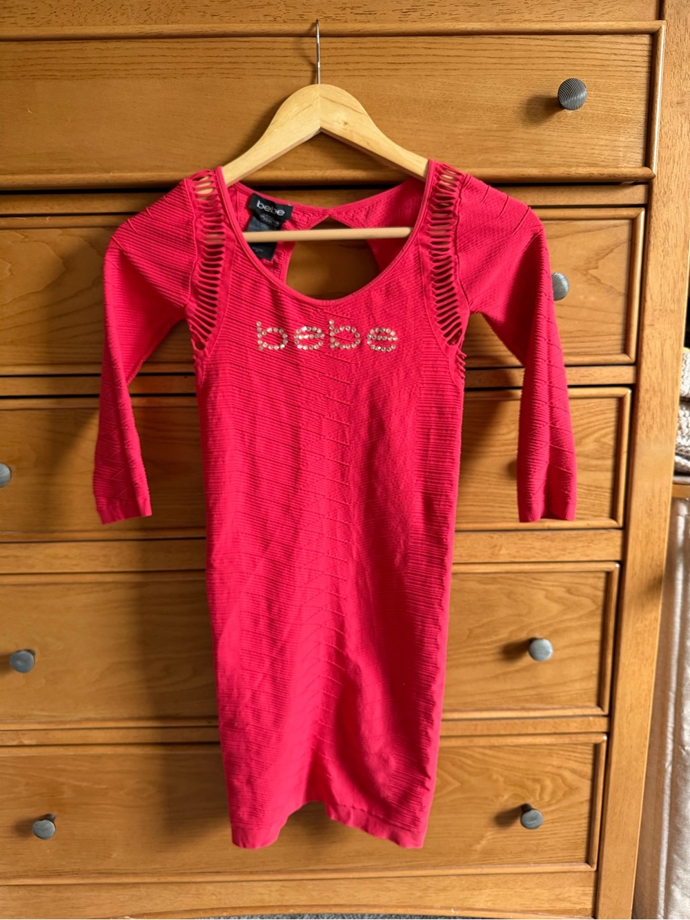 Bebe Red Shredded Shoulder Bodycon Sheath Dress Womens Size S Rhinestone Logo